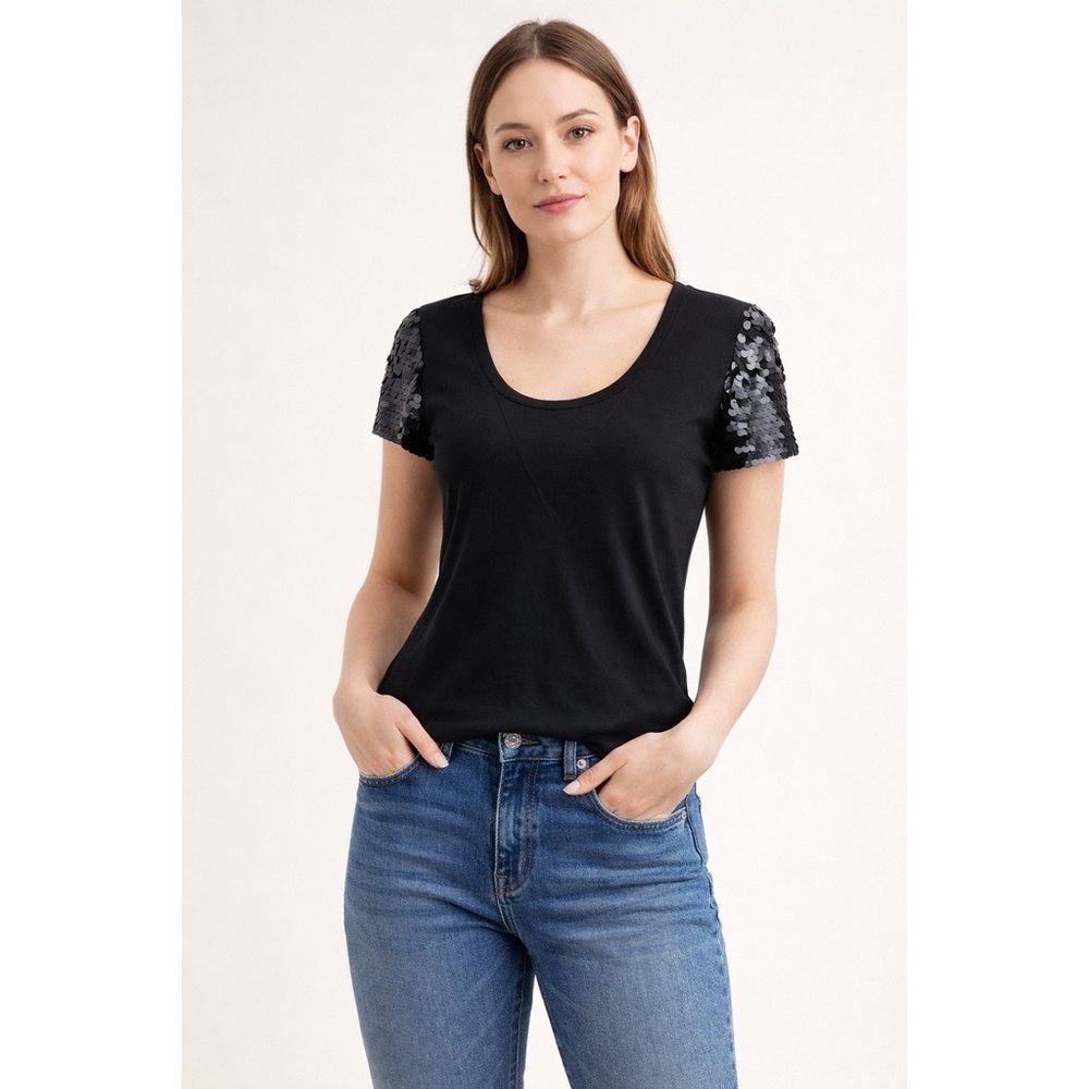 New Gap Black Pima Cotton T-Shirt With Sequin Detail Sleeves True Black Medium